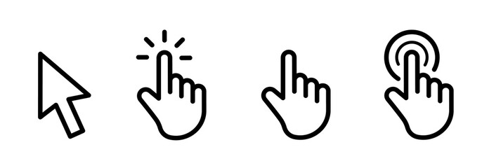 Obraz premium Pointer cursor сomputer mouse icon. Clicking cursor, pointing hand clicks icons. Click cursor - stock vector.
