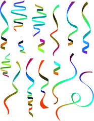 Curly and glossy ribbon isolated variety of colors over the background, set collection of three different foreshortening