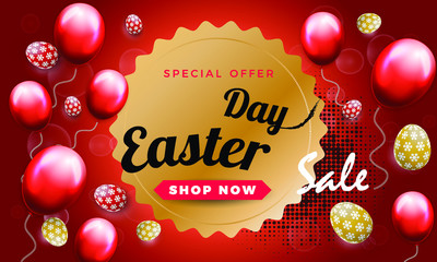 Fototapeta na wymiar Easter Day discount banner layout design template graphic abstract red background with eggs and inflatable balls. Vector illustration