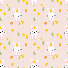 Fototapeta premium Cute white rabbit, little chick and easter eggs seamless pattern.