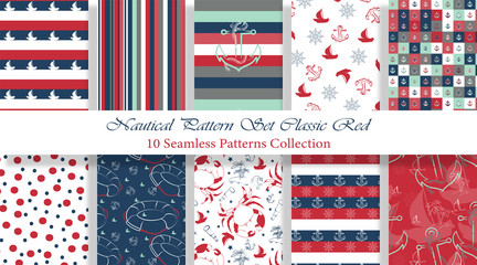Nautical Pattern Set inspired by adventures on the seas. Classic Red and Blue color palette. Anchor, ship wheel, telescope, crab ... It fits any surface you like, T-Shirt, Wall Coverings, Bed Linen, 
