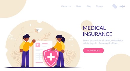 Healthcare concept. People stand in the background of a medical document and a shield. Health insurance. Modern flat vector illustration. Landing web page template.