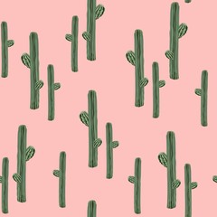 Arizona desert wallpaper with cartoon plants. Exotic seamless pattern with cute cactus. Green color hand drawn baby texture.  Tribal print, nursery textiles design. Pink backdrop.