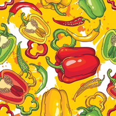 Vector seamless pattern with green, yellow and red peppers