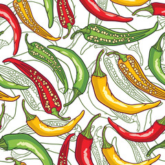 Vector seamless pattern with green, yellow and red peppers