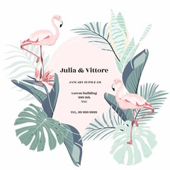 Botanical wedding invitation card template design, green leaves and flamingo bird on light background, minimalist frame or birthday invitation.