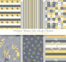 Nautical Pattern Set inspired by adventures on the seas. Early Christian style color palette. Anchor, ship wheel, telescope, crab ... It fits any surface you like, T-Shirt, Wall Coverings, Bed Linen, 