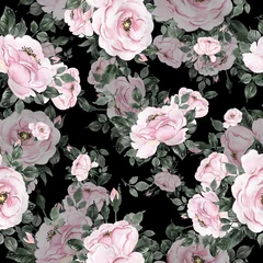 Poster Watercolor hand-drawn seamless pattern of beautiful delicate roses with foliage © Irina Chekmareva