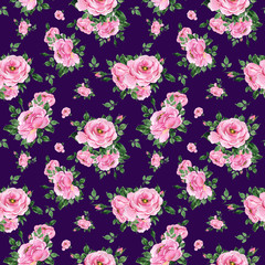 Watercolor hand-drawn seamless pattern of beautiful delicate roses with foliage