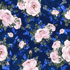 Watercolor hand-drawn seamless pattern of beautiful delicate roses with foliage