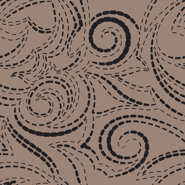 Vector geometric texture in black on a brown background. Spirals