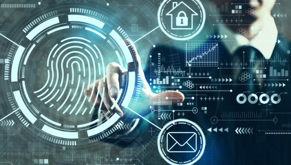 Fingerprint scanning theme with businessman on a dark vintage background