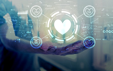 Get more likes concept with young man holding his hand