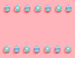 Colorful Easter eggs overhead view flat lay