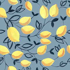 Gouache seamless pattern with decorative yellow lemons and leaves. Great for fabrics, wrapping papers, wallpapers, covers.  Grey background.