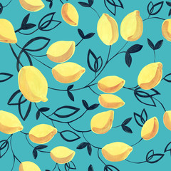 Gouache seamless pattern with decorative yellow lemons and leaves. Great for fabrics, wrapping papers, wallpapers, covers.  Turquoise background.