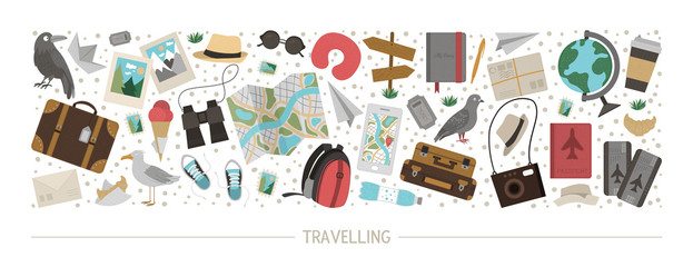 Vector horizontal layout set with travelling objects. Journey elements banner design. Cute funny card template with travel or vacation elements..