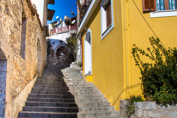 Street view of Arachova village, a popular winter destination in Parnassos mountain in Greece