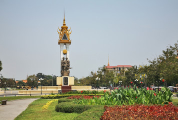 Fototapeta na wymiar Cambodia-Vietnam Friendship monument at Wat Botum park in Phnom Penh. Cambodia