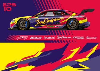 Race car graphic livery design. Abstract sport racing background for wrap race car, rally, drift car, cargo van, pickup truck and adventure vehicle. Full vector Eps 10.