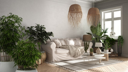 Zen interior with potted bamboo plant, natural interior design concept, old style living room in beige tone, Sofa, carpet, pillows, tables with decors and plants, architecture concept