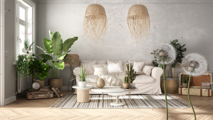 Fluffy airy dandelion with blowing seeds spores over old style living room in beige tones, sofa, carpet, plants. Interior design idea. Change, growth, movement and freedom concept