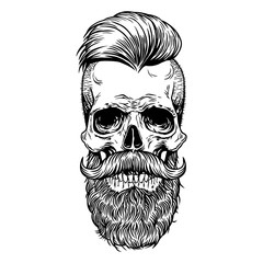 Skull tattoo mustache beard Hipster Vector Hand drawn line art design print shirt, poster, textiles,