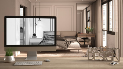 Architect designer project concept, wooden table with keys, 3D letters words bedroom design and desktop showing draft, blueprint CAD sketch in the background, classic interior design