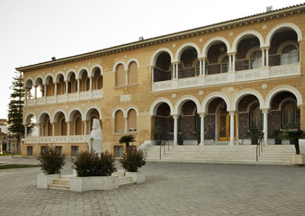 Fototapeta na wymiar Palace of archbishop and monument to archbishop Leontios of Cyprus in Nicosia. Cyprus
