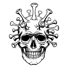 Skull face mutant biohazard with coronavirus. Vector illustration quarantine 2019-nCoV Chinese virus. Concept for print poster shirt, desing tattoo