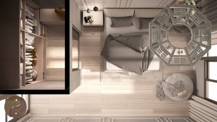 Interior design project with feng shui consultancy, bedroom with bed walk-in closet, top view, plan, above. Bagua and tao symbol, yin and yang polarity, monogram concept background