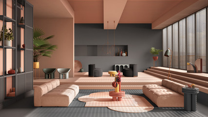 Colored contemporary living room, pastel gray colors, sofa, armchair, carpet, tables, steps and potted plants, copper pendant lamps. Interior design atmosphere, architecture idea