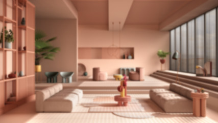 Blur background interior design, contemporary living room, sofa, armchair, carpet, tables, steps and potted plants, pendant lamps. Interior design atmosphere, architecture idea
