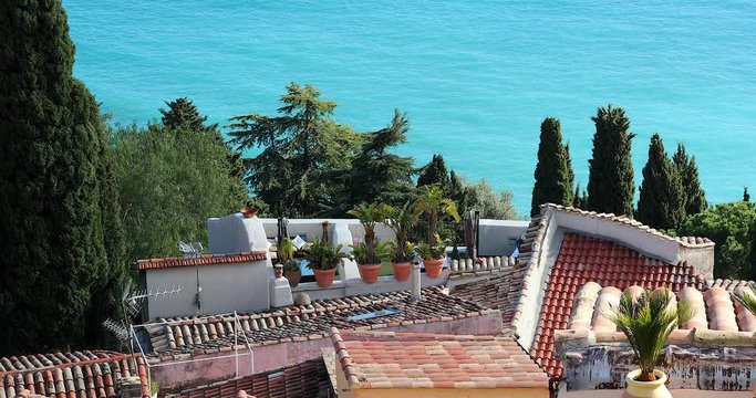Terrace Over The Mediterranean Sea In The Old Village Of Roquebrune-Cap-Martin On The French Riviera In The Alpes-Maritimes In France, Europe - DCi 4K Resolution