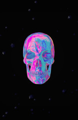 3d illustration of a skull on a black background. Colorful abstract design covering the skull