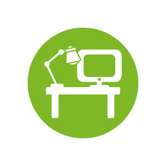 computer and lamp over table silhouette block style icon vector design