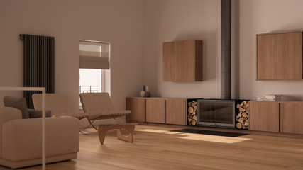 Modern living room with fireplace, parquet wooden floor, minimal oak cabinets, sofa and armchair, furniture details, decors, contemporary interior design showcase concept idea