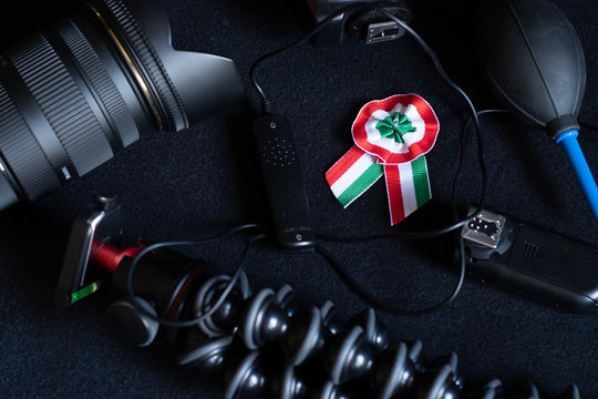 Hungarian Cockade Surrounded By Camera Equipment