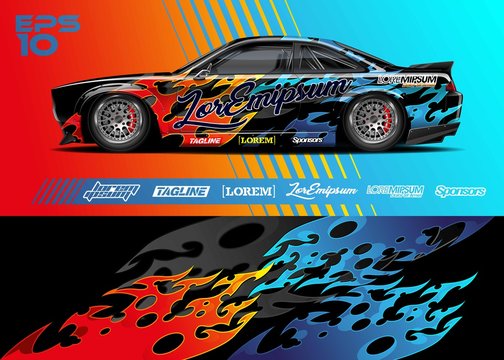 Race car graphic livery design. Abstract sport racing background for wrap race car, rally, drift car, cargo van, pickup truck and adventure vehicle. Full vector Eps 10.