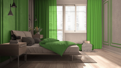 Minimal classic bedroom in green tones with panoramic window, double bed with duvet and pillows, side tables with lamps, carpet. Parquet and stucco walls, luxury interior design idea