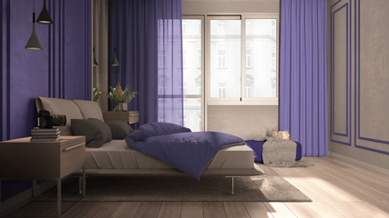 Minimal classic bedroom in purple tones with panoramic window, double bed with duvet and pillows, side tables with lamps, carpet. Parquet and stucco walls, luxury interior design idea