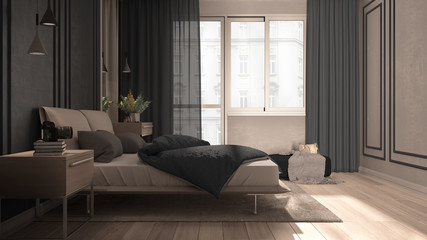Minimal classic bedroom in gray tones with panoramic window, double bed with duvet and pillows, side tables with lamps, carpet. Parquet and stucco walls, luxury interior design idea