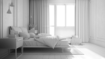 Total white project draft, minimal classic bedroom with window, double bed with duvet and pillows, side tables and carpet. Parquet and stucco walls, luxury interior design idea
