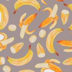 seamless pattern, illustration of bananas, watercolor pencils, set of ripe fruits, wallpaper ornament, baby clothes, wrapping paper