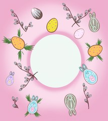 Easter bright background with eggs and bunnies for greeting text