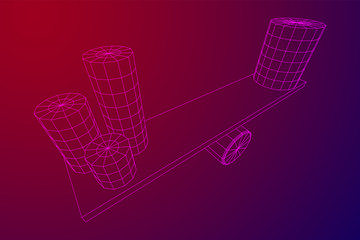 Simple seesaw scales weighing big and small abstract cylinders. Balance, comparison and equality concept. Wireframe low poly mesh vector illustration