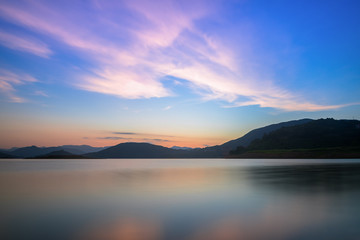 The reflection of the shape of the mountain on the lake