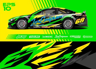 Fototapeta premium Race car graphic livery design. Abstract sport racing background for wrap race car, rally, drift car, cargo van, pickup truck and adventure vehicle. Full vector Eps 10.