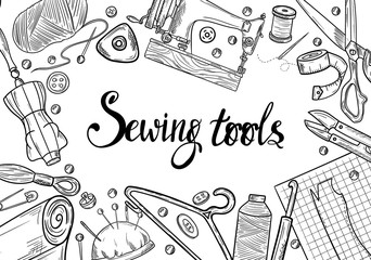 Tailor or dressmaker work and fashion designer atelier sketch items. Vector sewing illustration in retro vintage style