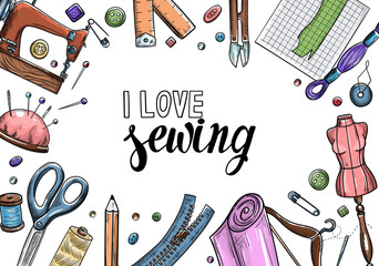 Tailor or dressmaker work and fashion designer atelier sketch items. Vector sewing illustration in retro vintage style